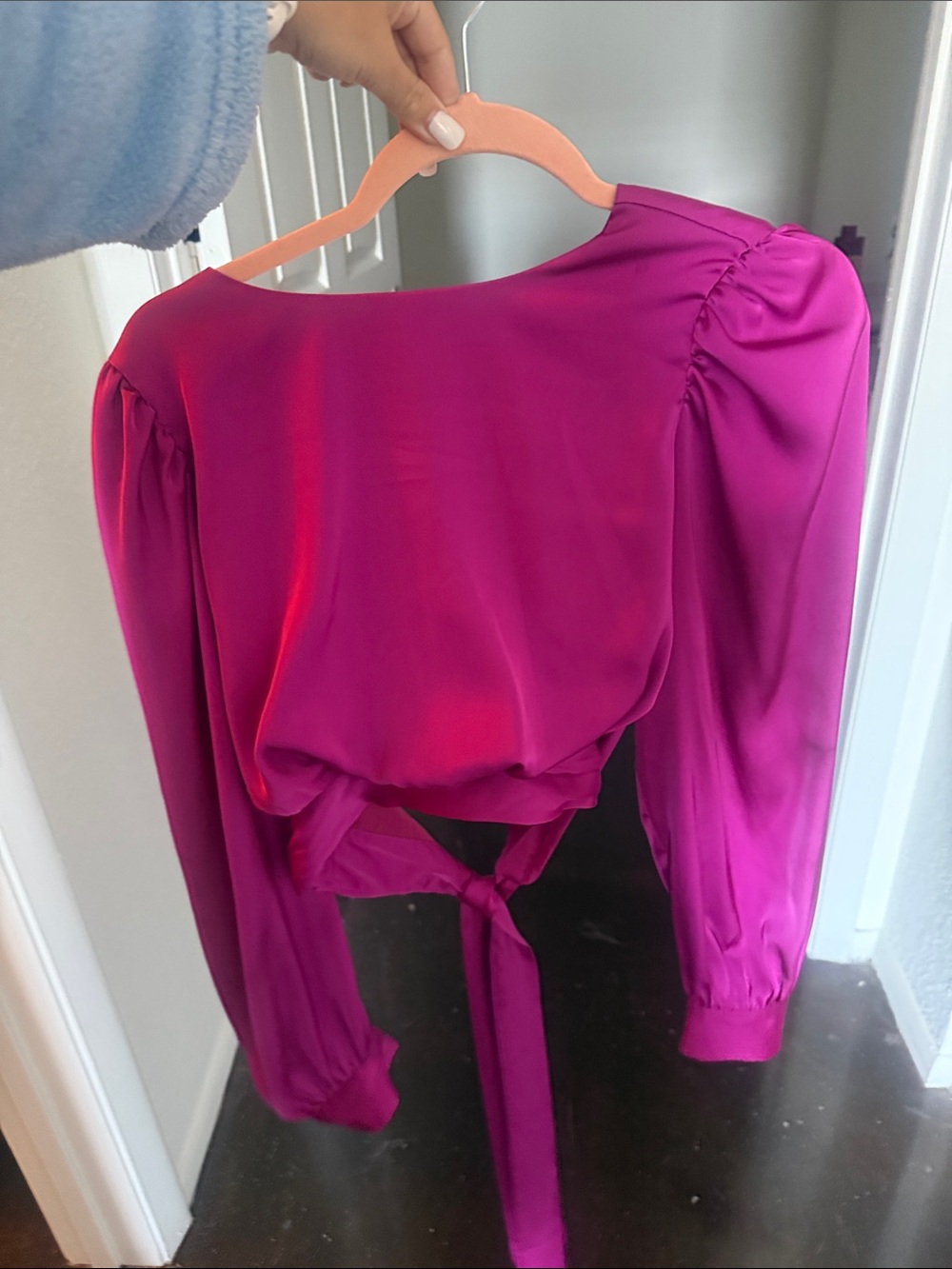 Satin Magenta Tie-Back Blouse with Puffed Shoulders